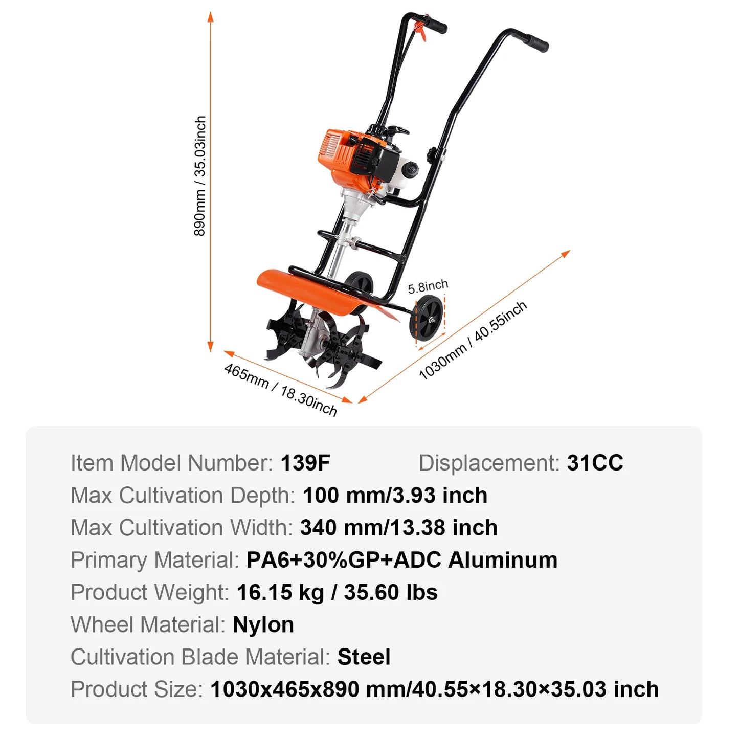 Tiller Cultivator 31CC 4-Stroke Garden Cultivator Tiller