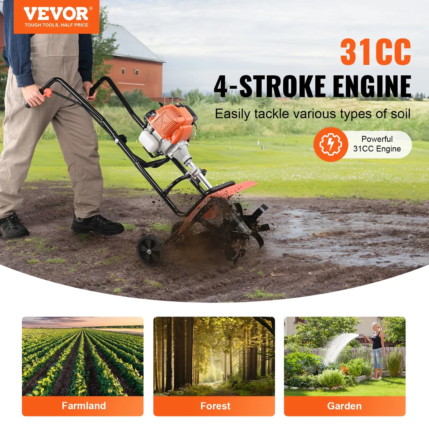 Tiller Cultivator 31CC 4-Stroke Garden Cultivator Tiller