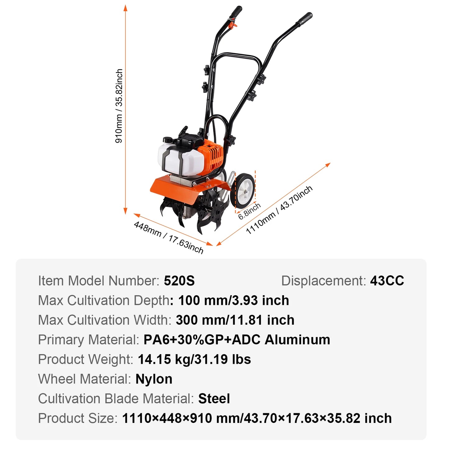 Tiller Cultivator 31CC 4-Stroke Garden Cultivator Tiller